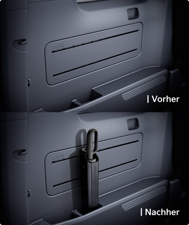 Detailansicht des AddGear mit montiertem und ohne montierten Regenschirmhalter.